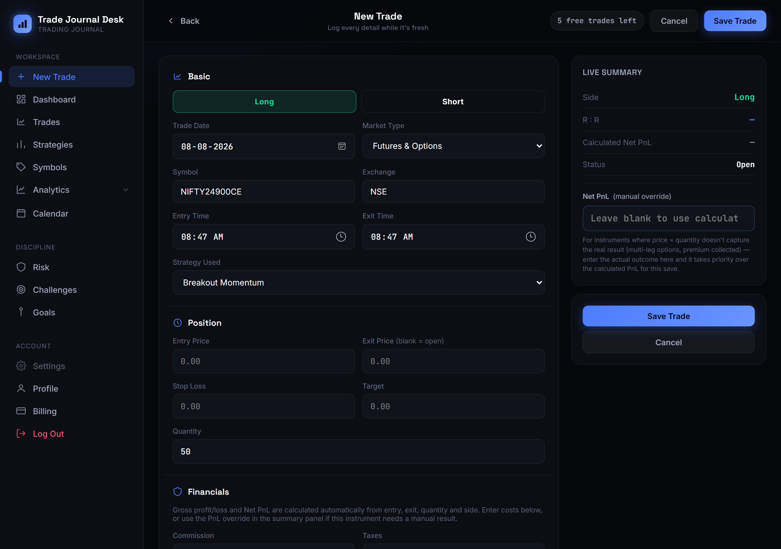 Trade entry form with symbol, exchange, entry and exit time, strategy, and quantity fields filled in, plus a live PnL and risk-reward summary panel